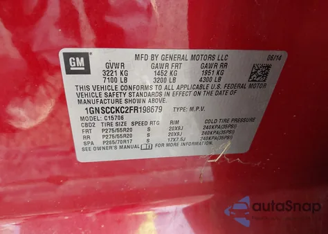 2015 Chevrolet Tahoe Ltz z USA, uszkodzony, nr VIN 1GNSCCKC2FR198679